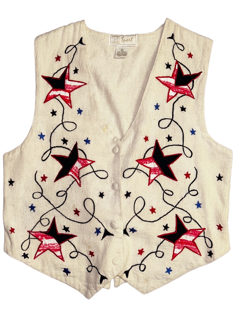 ID Sport ~ Women’s Medium ~ Vtg ~ Beige W/ Red/White/Blue Embroidery Stars Vest